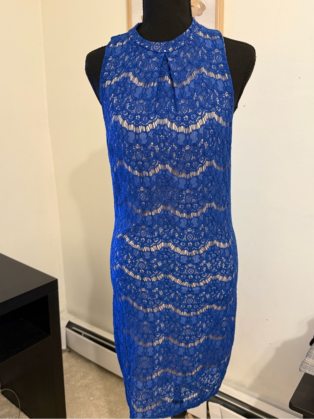Love, Fire M Electric Blue Lace Nude Lined Halter Mini Dress
